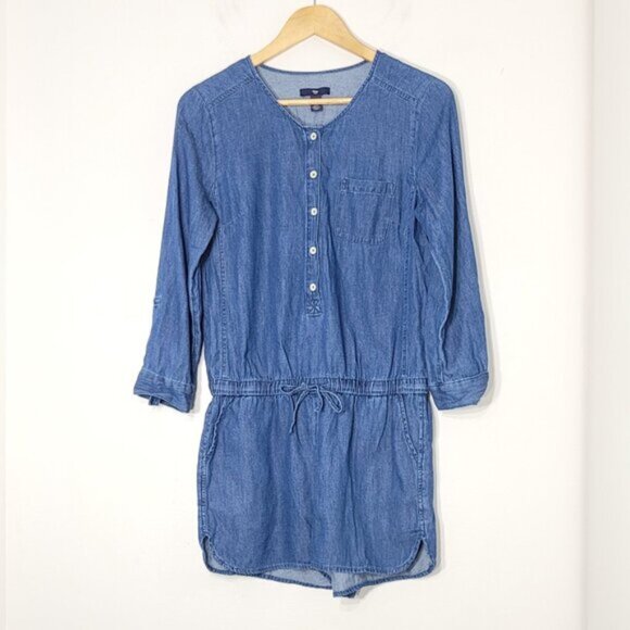 GAP Women's Blue 100% Cotton Drawstring Waist Roll Tab Long Sleeve Romper Sz XS - Picture 1 of 13